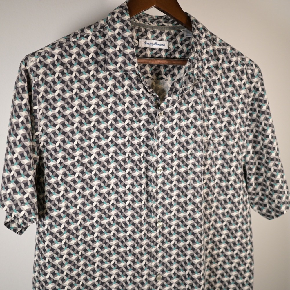 Tommy Bahama Mens Large Silk Short Sleeve Button Down Geometric Print Camp Shirt